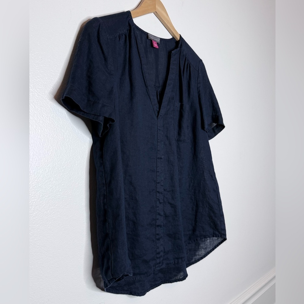 Vince Camuto Linen Navy Blue Pocket Short Sleeve V Neck Blouse - Picture 3 of 7